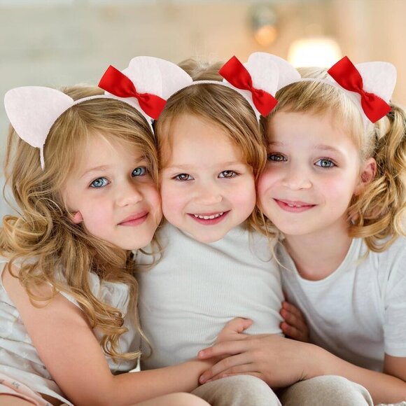 12Pcs Cat Ears Headbands Kids Party Decorations Cute White Plush Red Bow main image 5